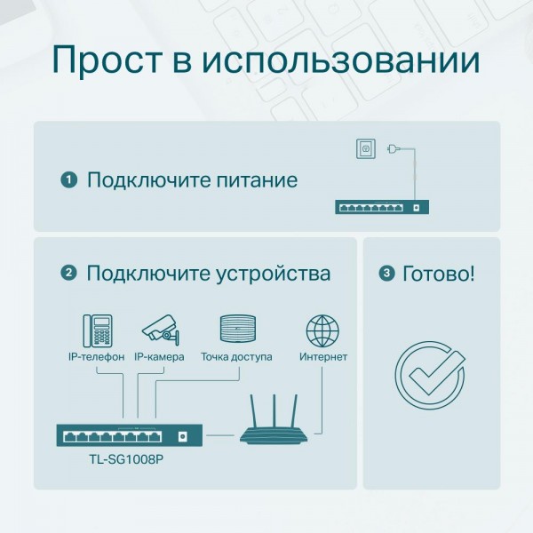TP-Link Настольный коммутатор с 8 гигабитными портами (4 порта PoE+) TP-Link Настольный коммутатор с 8 гигабитными портами (4 порта PoE+)