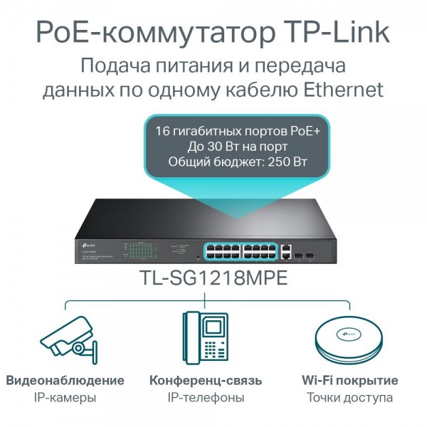 TP-Link Коммутатор Easy Smart с 18 гигабитными портами RJ45 (16 портов PoE+) и 2 комбинированными гигабитными портами RJ45/SFP