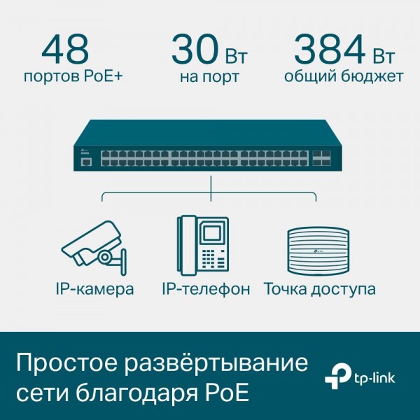 TP-Link Управляемый коммутатор JetStream уровня 2+ с 48 гигабитными портами PoE+ и 4 гигабитными портами SFP TP-Link Управляемый коммутатор JetStream уровня 2+ с 48 гигабитными портами PoE+ и 4 гигабитными портами SFP