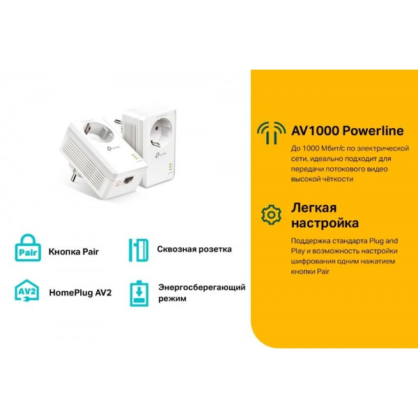 TP-Link Комплект гигабитных адаптеров Powerline AV1000 со встроенной розеткой