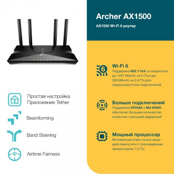 TP-Link Двухдиапазонный гигабитный Wi‑Fi роутер AX1500 TP-Link Двухдиапазонный гигабитный Wi‑Fi роутер AX1500