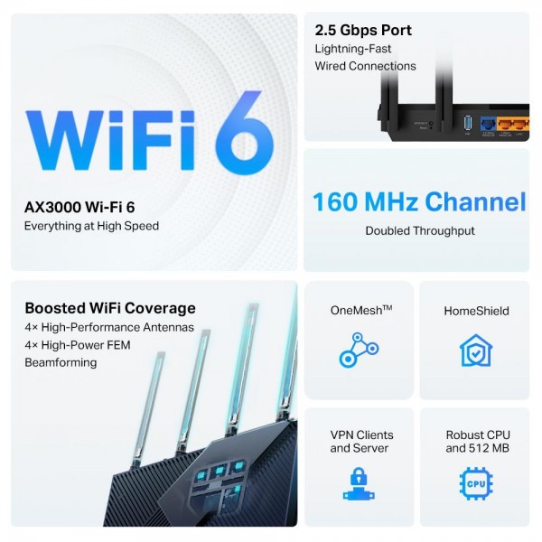 TP-Link Двухдиапазонный Wi-Fi роутер AX3000 с портом WAN/LAN 2,5 Гбит/с и поддержкой Mesh