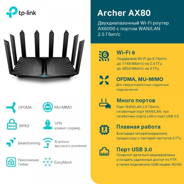 TP-Link Двухдиапазонный Wi‑Fi роутер AX6000 с портом WAN/LAN 2,5 Гбит/с и поддержкой Mesh